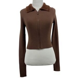 American Eagle Women Size S Zip Up Cardigan Brown Faux Fur Collar Ribbed Sweater